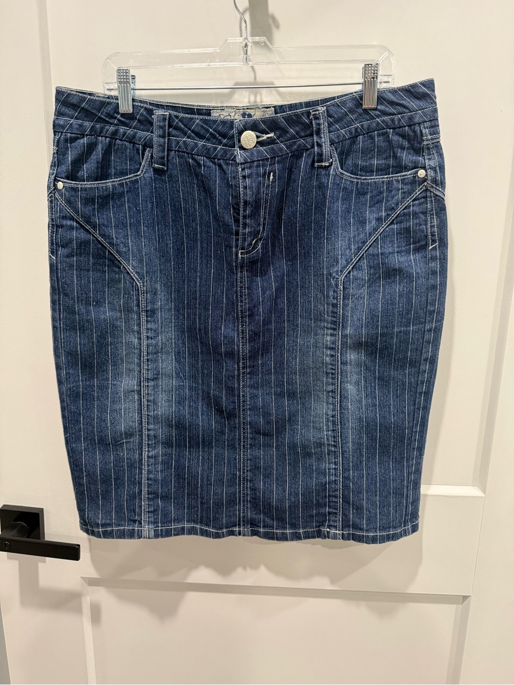 Jolt Blue Pinstripe Denim Pencil Skirt